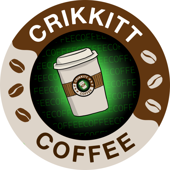 Text 'Crikkitt Coffee'. Logo for a coffeeshop with beans and a cup